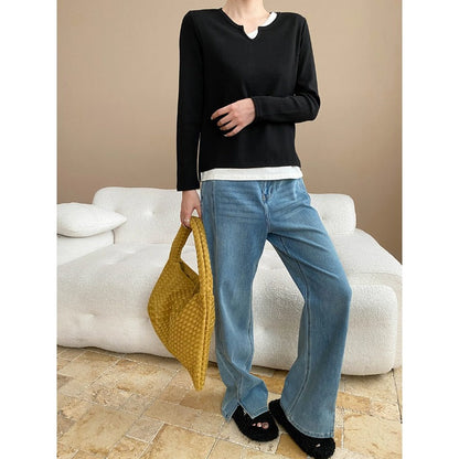 Damen Langarmshirt V-Ausschnitt Feine Struktur Norvielle