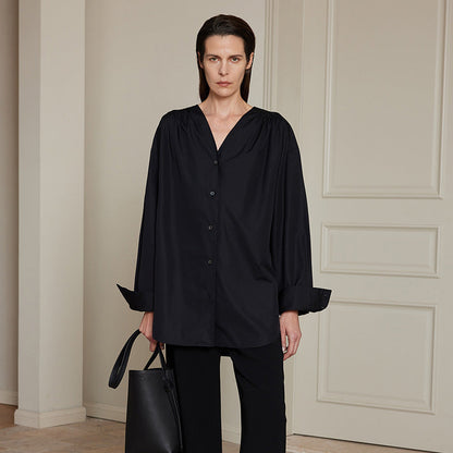 Damen Oversize-Hemd V-Ausschnitt Baumwolle Weiß
