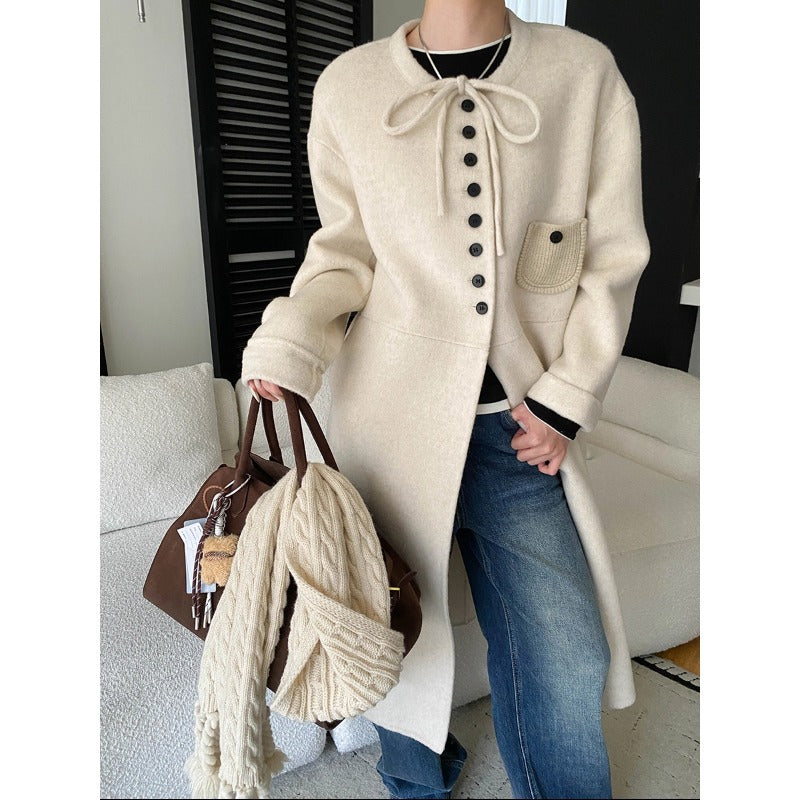 Damen Wolljacke Lang Knopfverschluss Braun - Norvielle