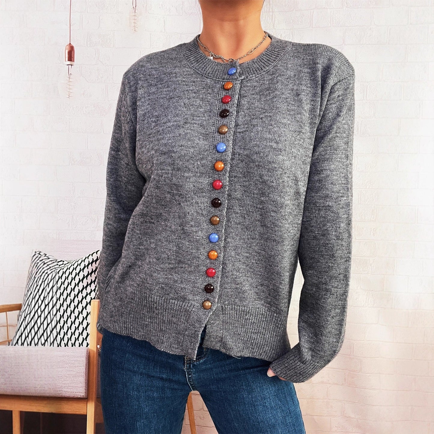 Damen Strickjacke Farbenfroh Mit Knöpfen Norvielle