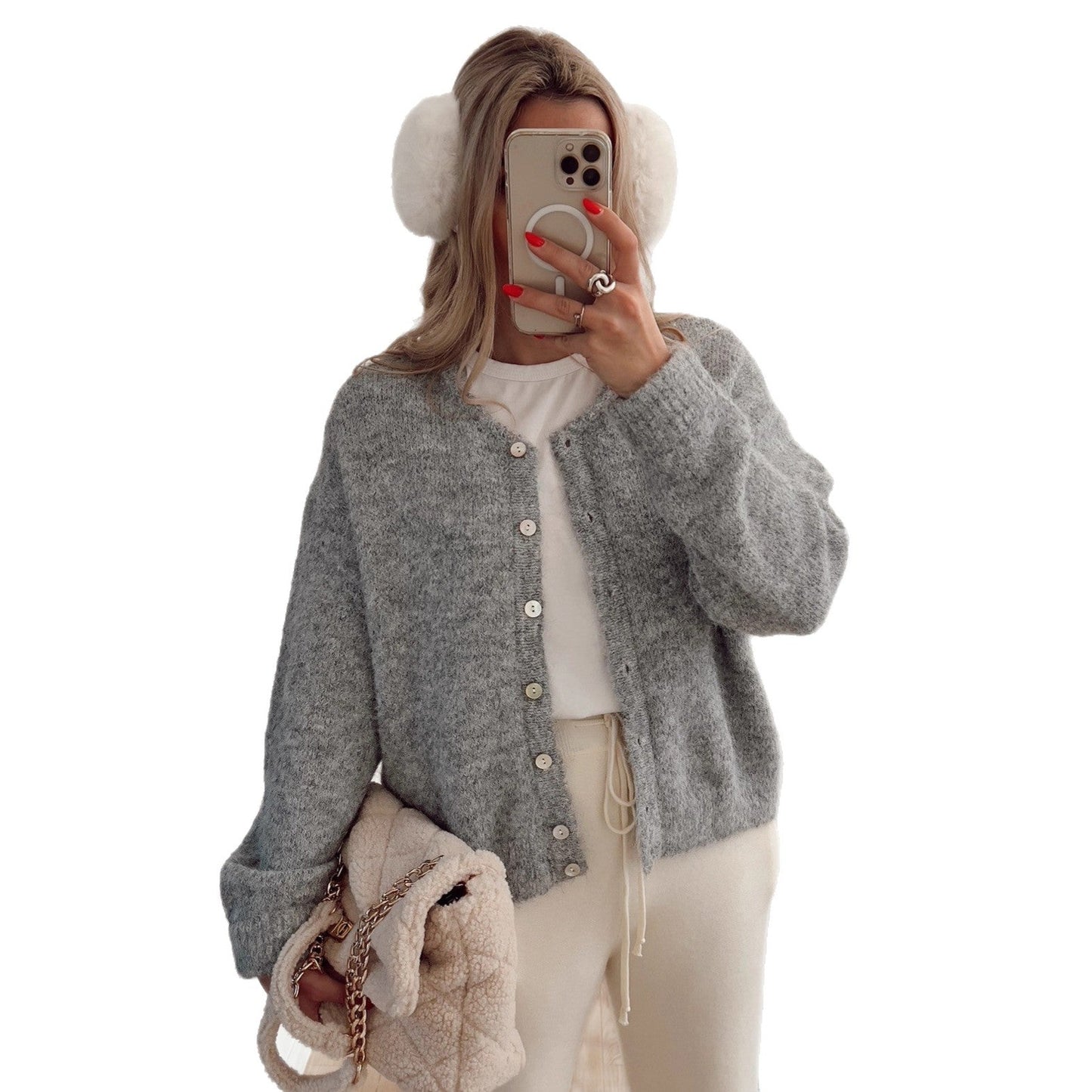 Damen Strickjacke Lässig Feinritz Knöpfe Beige