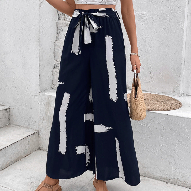 Damen Palazzo-Hose mit Bindegürtel und grafischem Muster