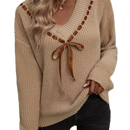 Damen Strickpullover V-Ausschnitt Dekoratives Bindeband