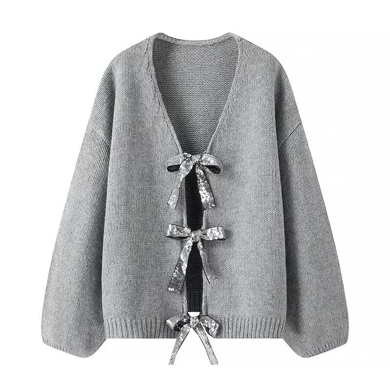 Damen Strickjacke Lockere Passform Elegante Schleifen Details Beige