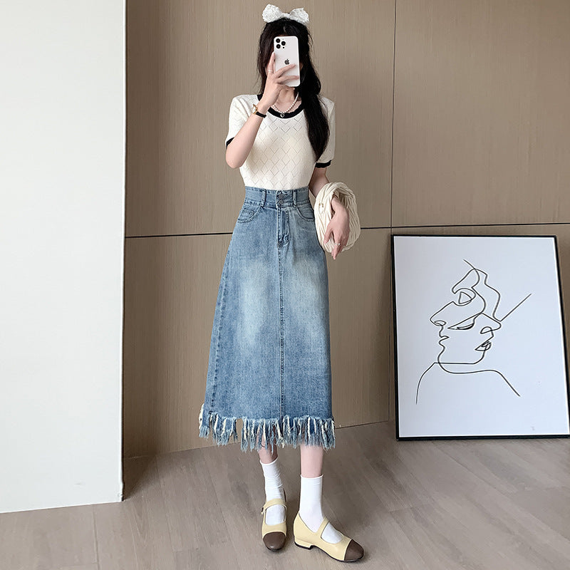 Damen Denim Midi-Rock Fransiger Saum