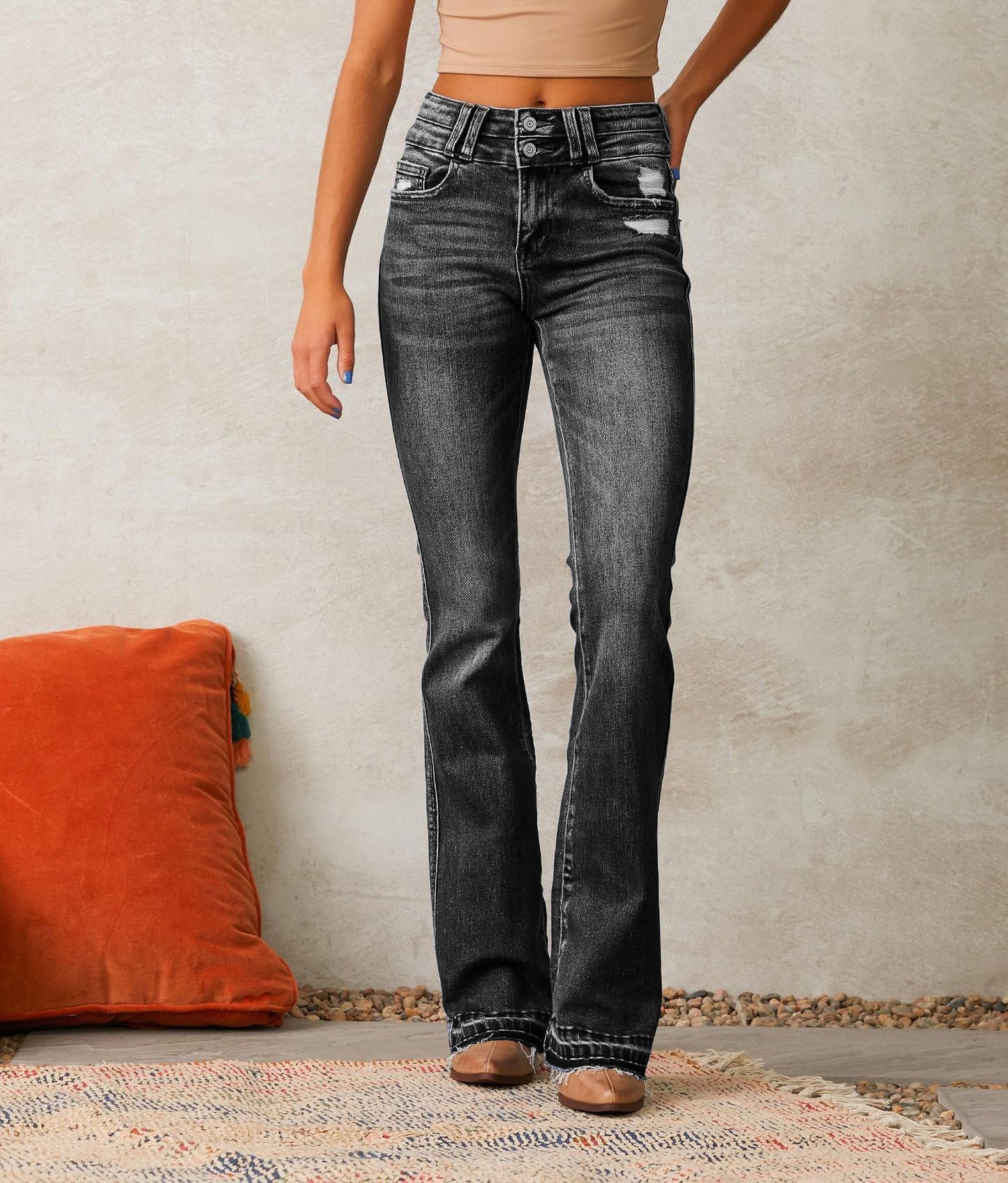 Damen Flared Jeans Hochtaillierte Destroyed Details