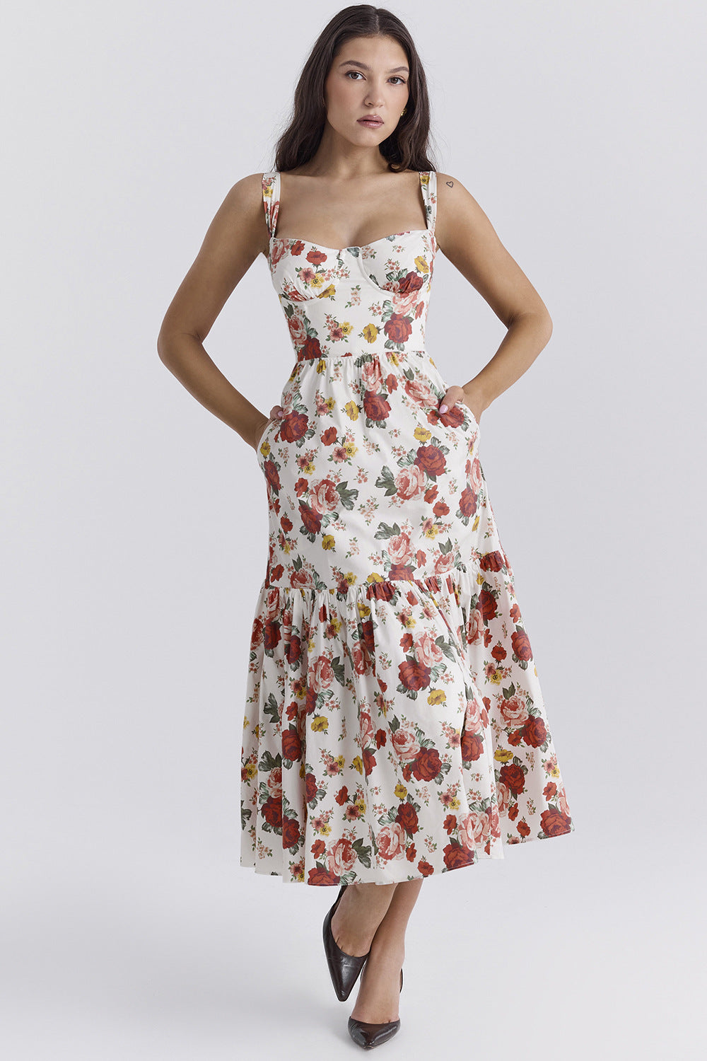 Damen Maxi-Kleid Floralmuster Seitentaschen Norvielle