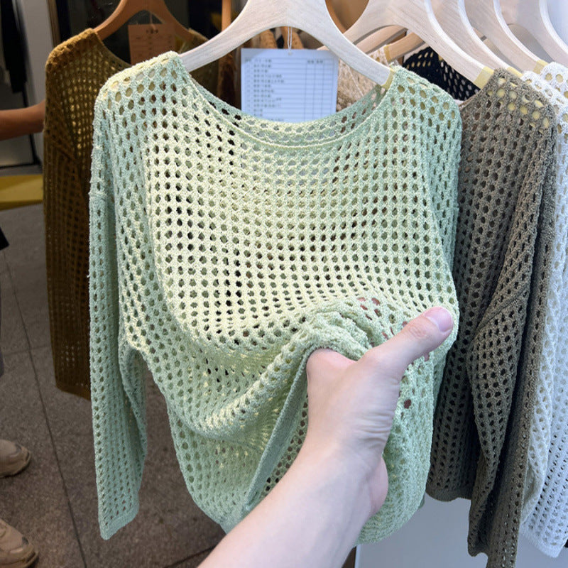 Damen Strickpullover Grobmasches Netzdesign Beige