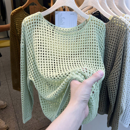 Damen Strickpullover Grobmasches Netzdesign Beige