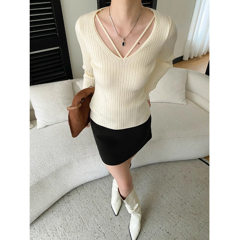 Damen Rippstrick Pullover V-Ausschnitt Langer Ärmel Norvielle