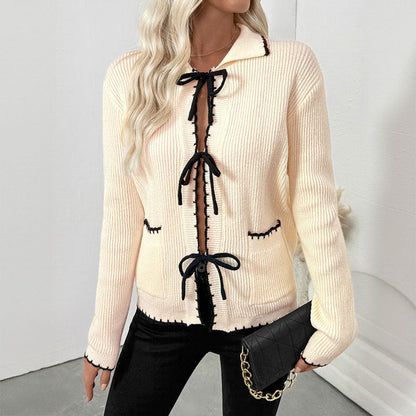 Damen Strickjacke Elegantes Design Dekoratives Bindeband Beige