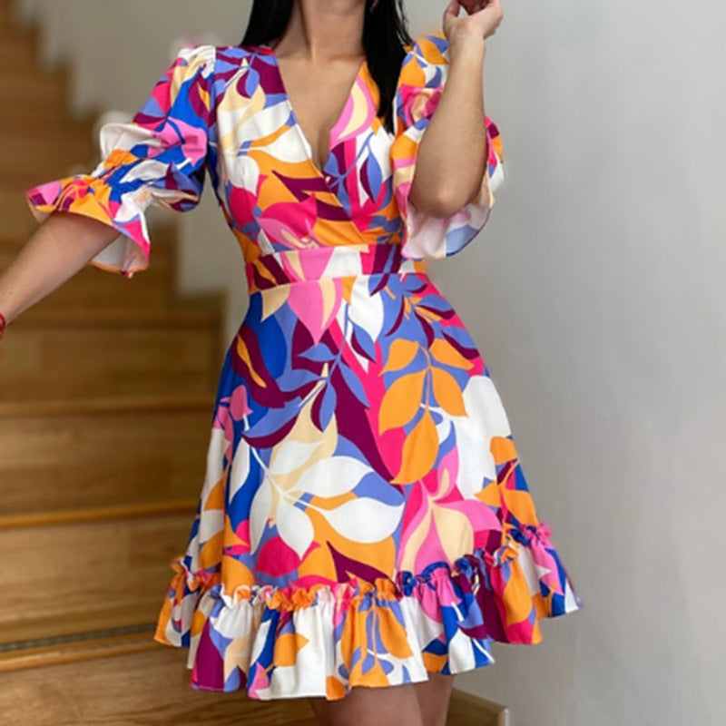 Damen Sommerkleid Voluminöse Puffärmel Rüschen-Saum Norvielle - Norvielle