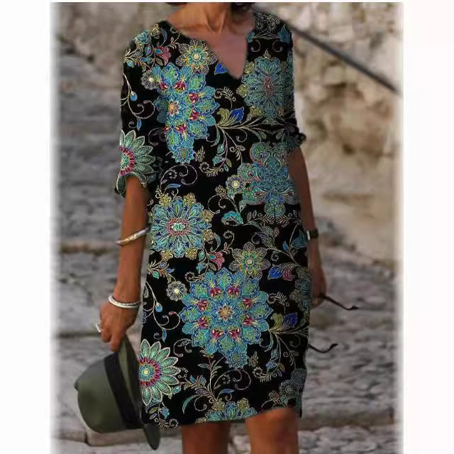 Damen V-Ausschnitt Kleid Floralmuster Kurzärmelig Norvielle