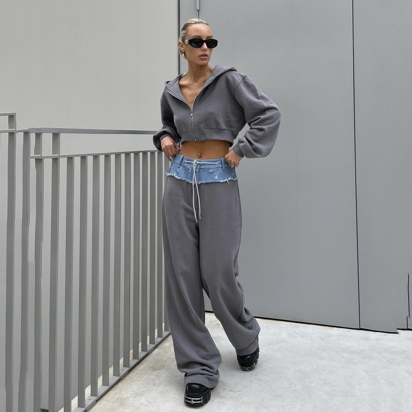 Damen Cropped Sweatjacken-Set Lässiger Bund Schwarz - Norvielle