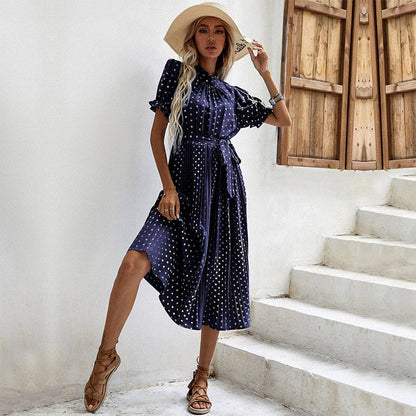 Damen Midikleid Sommerlich Puffärmel Taillengürtel Norvielle