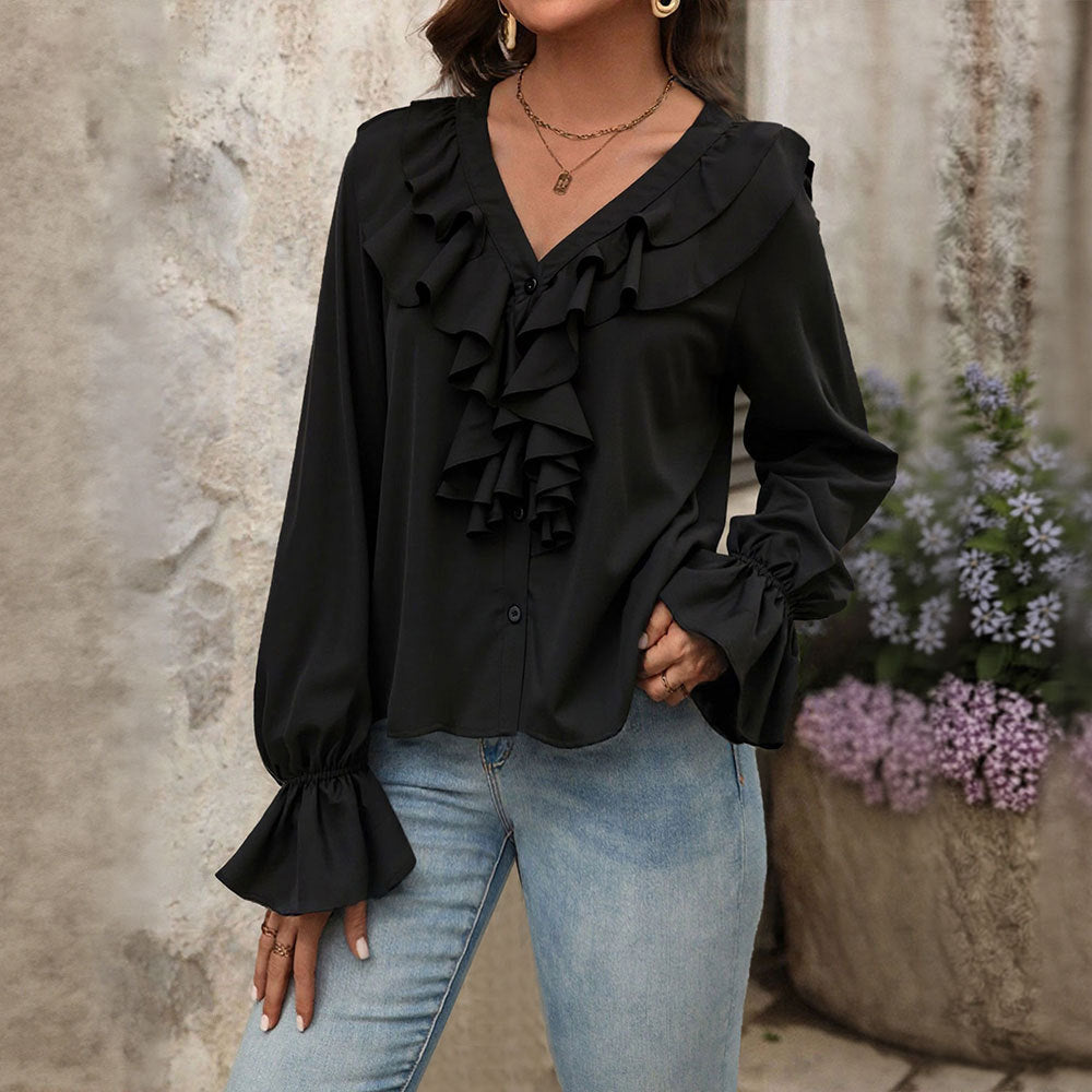 Damen Bluse Rüschendetails V-Ausschnitt Elegantes Design - Norvielle