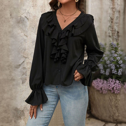 Damen Bluse Rüschendetails V-Ausschnitt Elegantes Design - Norvielle