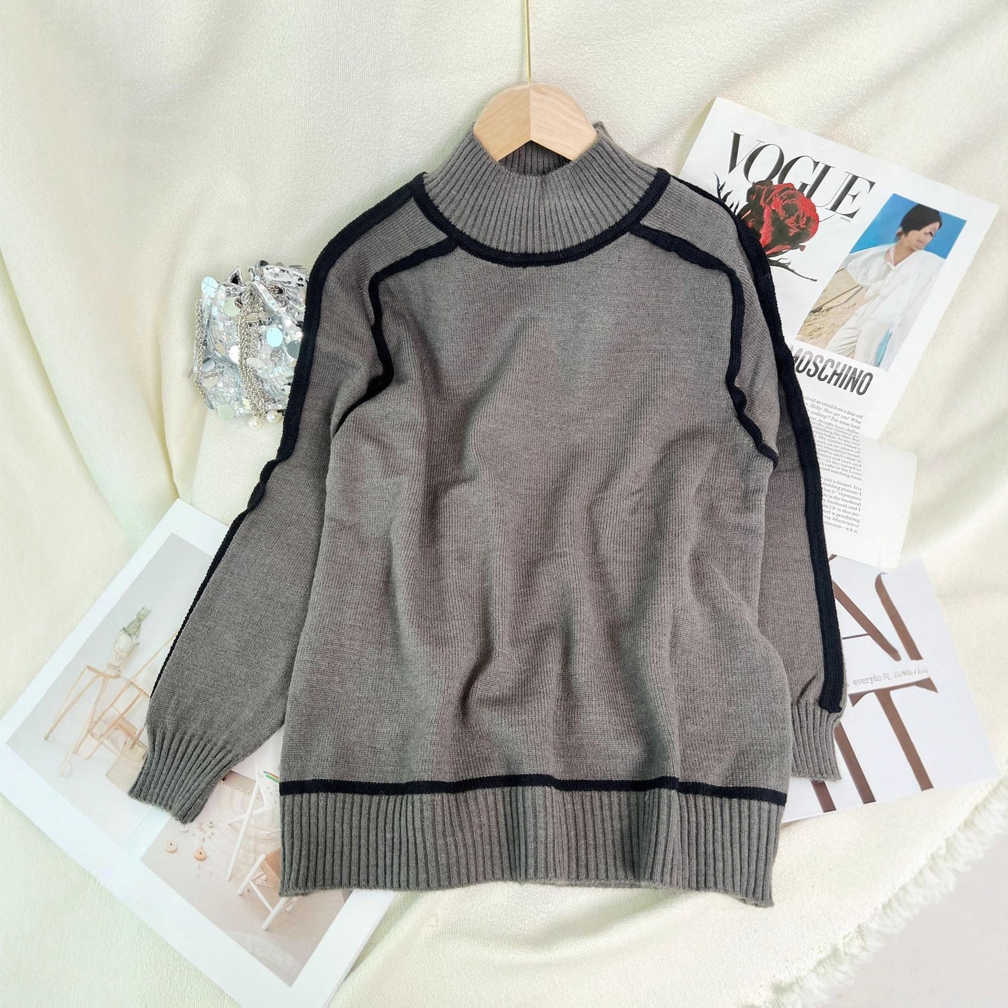 Damen Rollkragenpullover Kontrast-Saum Norvielle