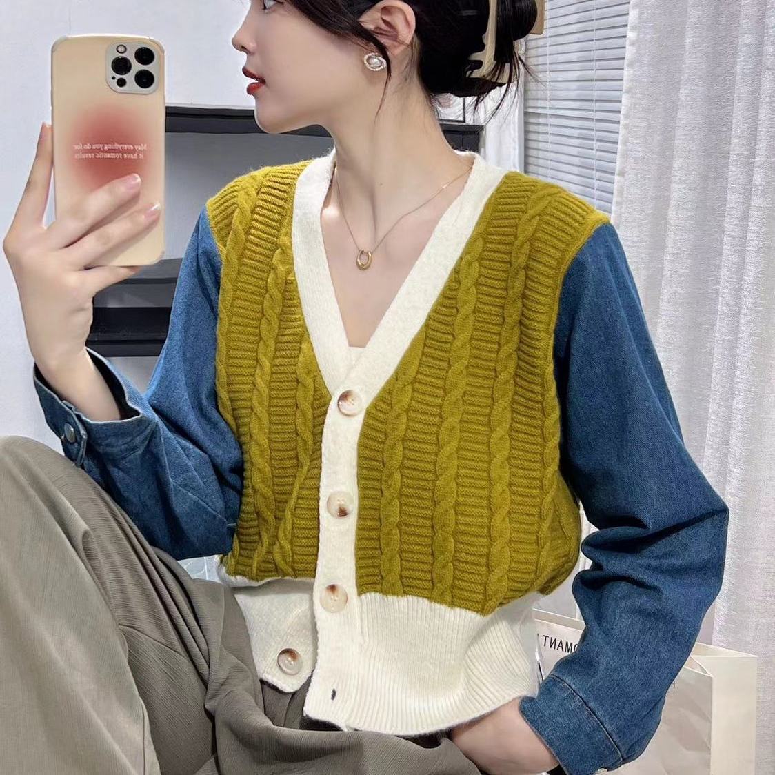 Damen Strickcardigan mit Denim Ärmeln