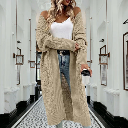Damen Grobstrick Cardigan Offenes Design Mit Taschen Beige