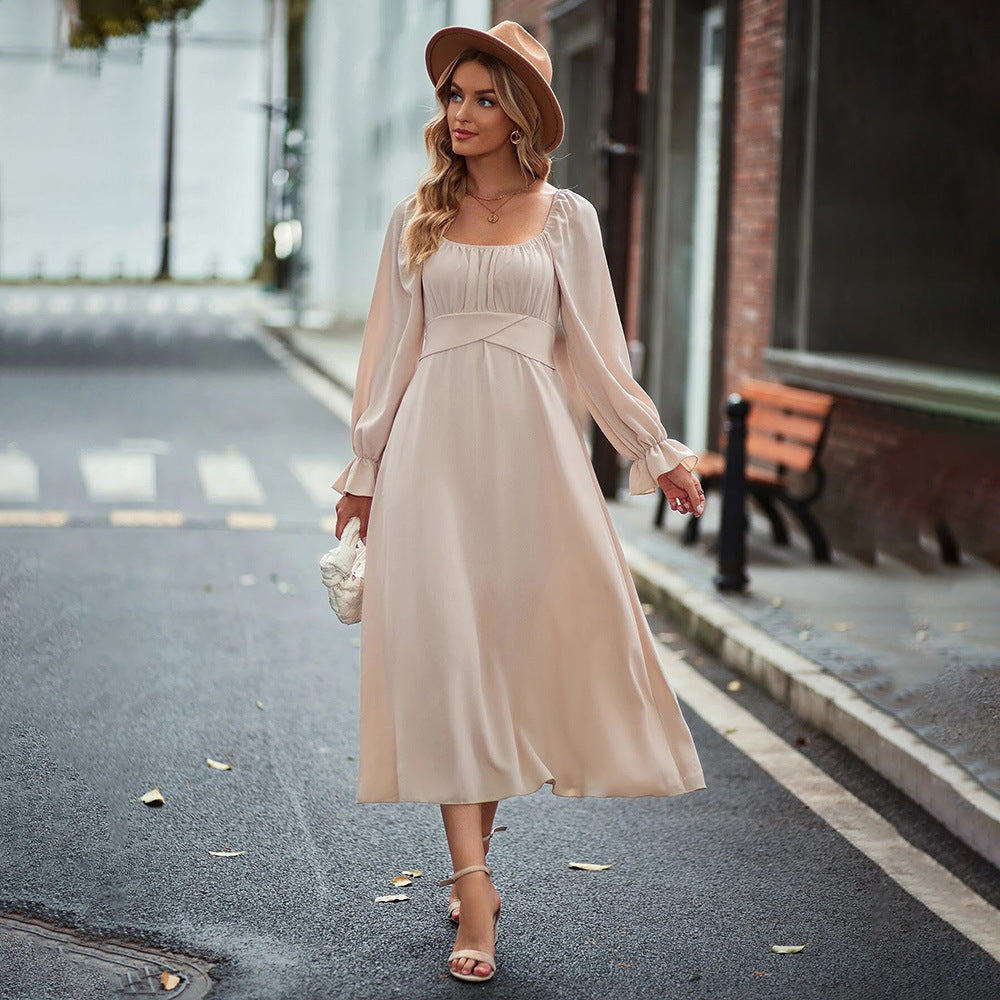 Damen Midi-Kleid Elegante Drapierung Langer Puffärmel Norvielle - Norvielle