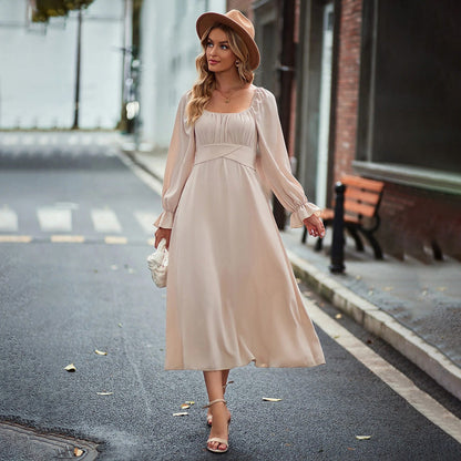 Damen Midi-Kleid Elegante Drapierung Langer Puffärmel Norvielle - Norvielle