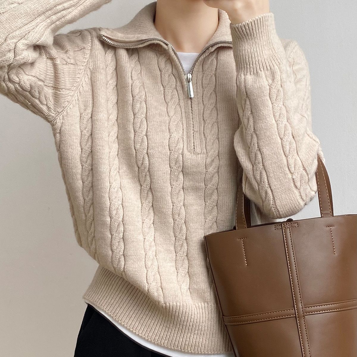 Damen Strickpullover Zopfdesign Stehkragen Norvielle