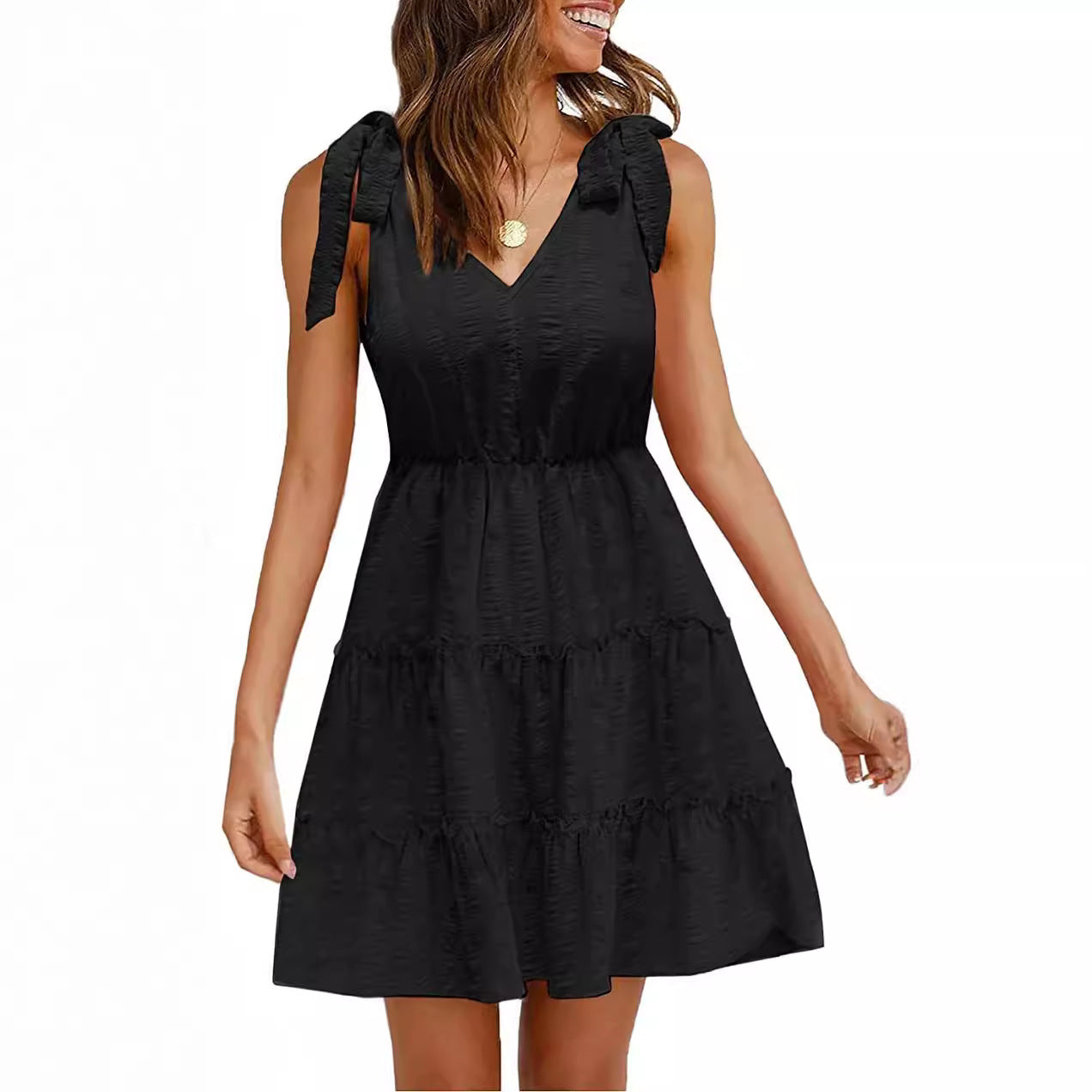 Damen Ärmelloses Sommerkleid Rüschen V-Ausschnitt Norvielle