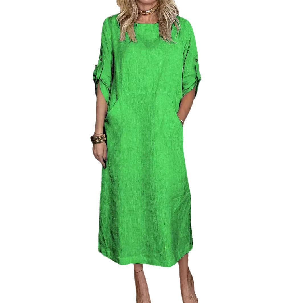 Damen Leinen-Midikleid mit Seitentaschen und Umschlagärmeln Beige