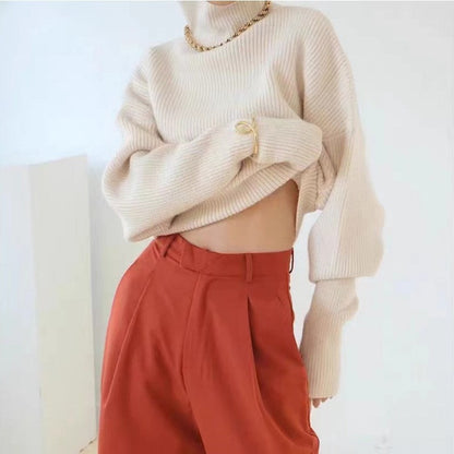 Damen Rollkragenpullover Strukturiertes Strickmuster Weite Ärmel