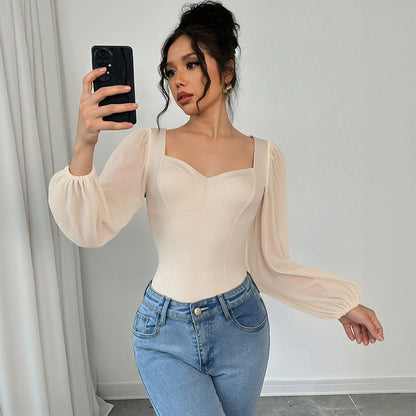 Damen Stretch-Bodysuit Puffärmel V-Ausschnitt