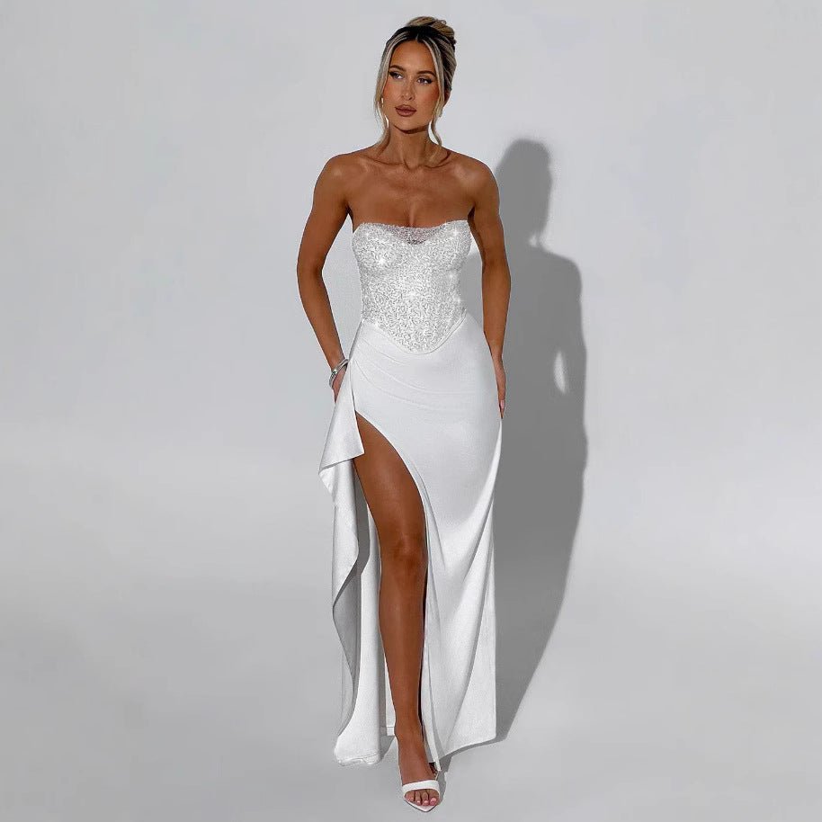 Damen Abendkleid Hochgeschlossen Transparenter Oberteil Schwarz - Norvielle