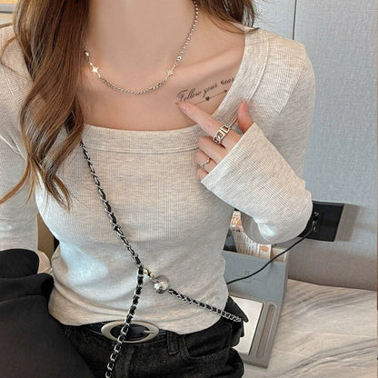 Damen Langarmshirt Rippstrick Quadratausschnitt Fein