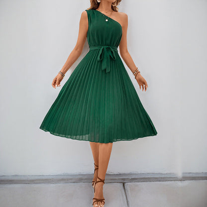 Damen Midi-Kleid Plissee Taillengürtel Elegant