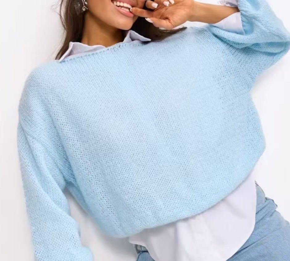 Damen Grobstrickpullover Weite Ärmel Rundhalsausschnitt Beige