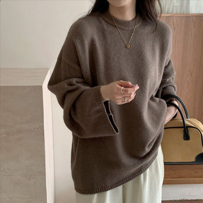 Damen Oversized Strickpullover Weiter Schnitt Feines Material Beige