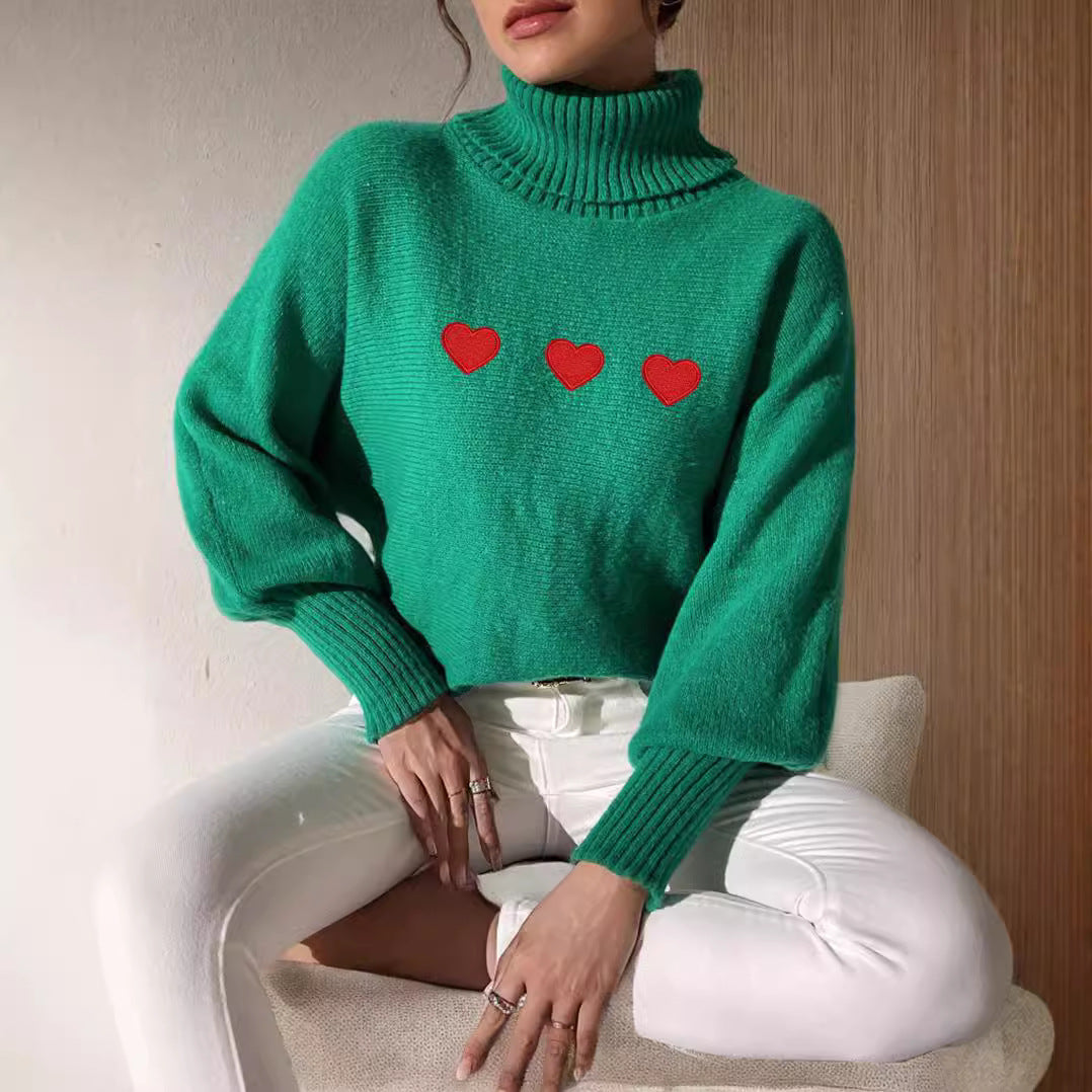 Damen Pullover Hoher Kragen Herzapplikationen Norvielle - Norvielle