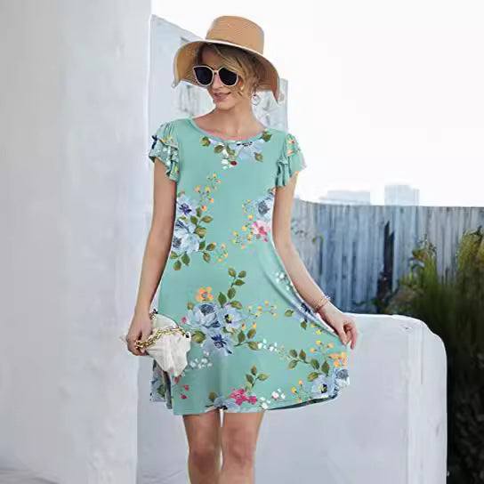 Damen Sommerkleid Blumenmuster Rüschendetails schwingender Rock