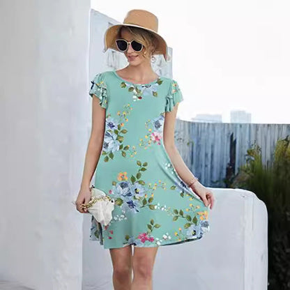 Damen Sommerkleid Blumenmuster Rüschendetails schwingender Rock