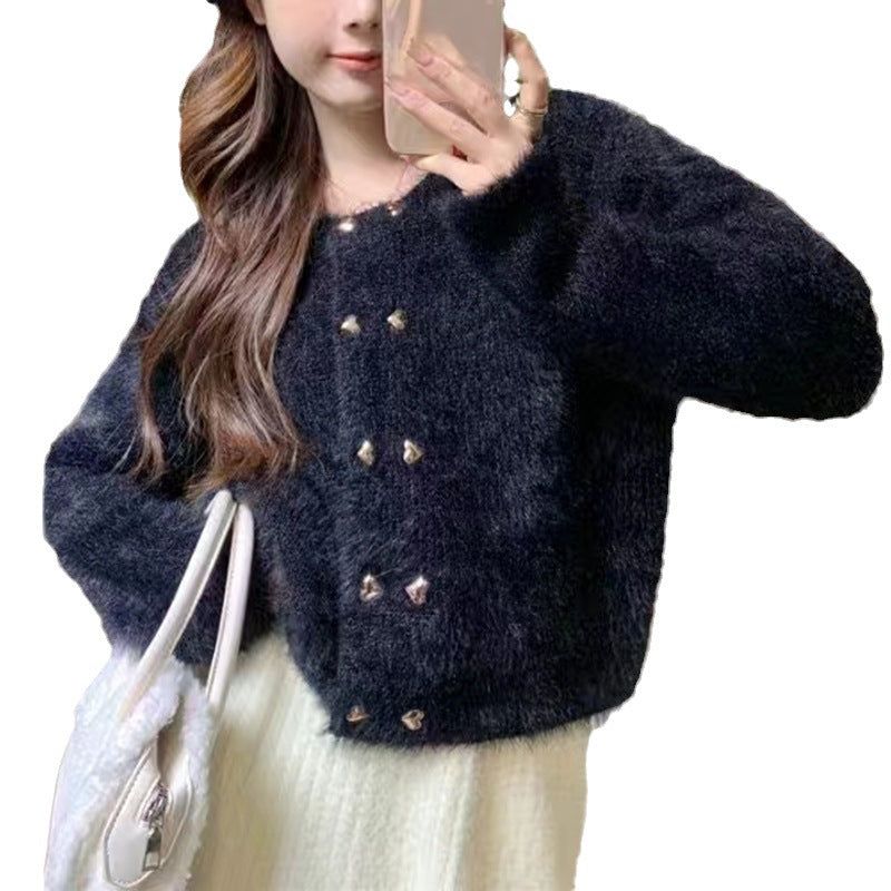 Damen Strickjacke Flauschig mit goldenen Knöpfen Norvielle