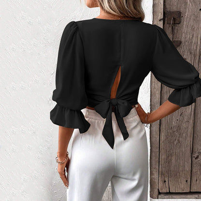 Damen Crop- Puffärmel V-Ausschnitt Norvielle