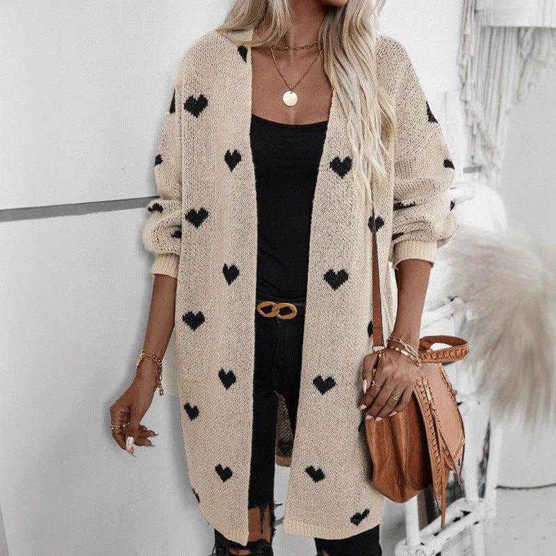 Damen Strickjacke Herzmuster Lässig Beige - Norvielle
