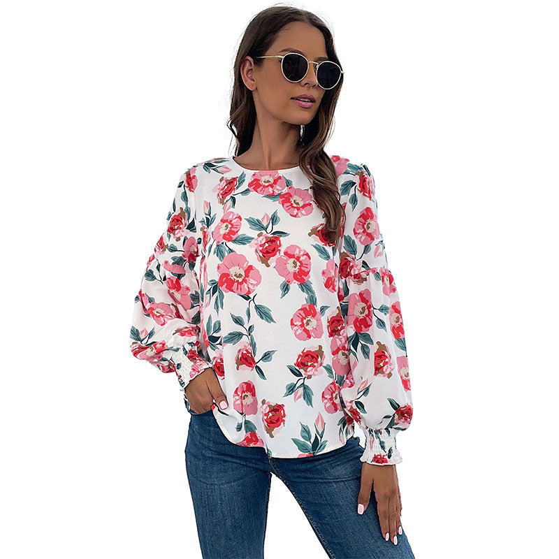 Damen Bluse mit Volantärmel Floralmuster Blume