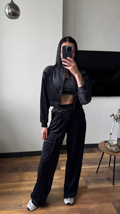 Damen Velours Loungewear-Set Cropped Jacke Weite Hose Norvielle
