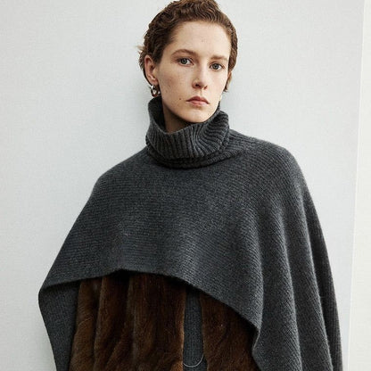 Damen Poncho Elegantes Design Extragroßer Kragen Beige