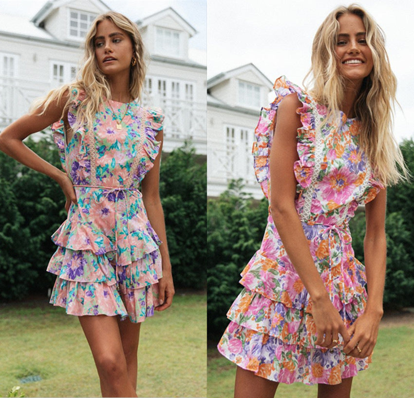 Damen Sommerkleid mit Rüschen und floralen Mustern Schwarz - Norvielle