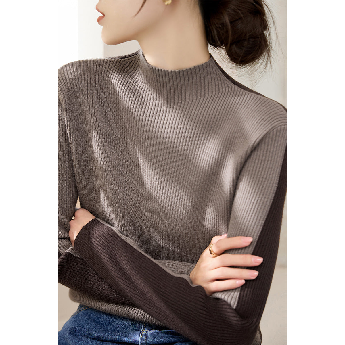Damen Rollkragenpullover Strukturiert Kontrastärmel Norvielle