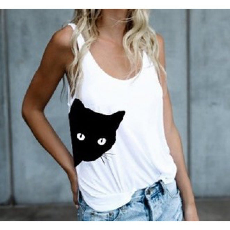 Damen Tanktop Katzenmotiv Baumwolle Lässig Weiß