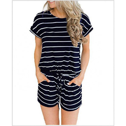 Damen Jumpsuit Kurzarm Elastischer Bund Praktische Taschen