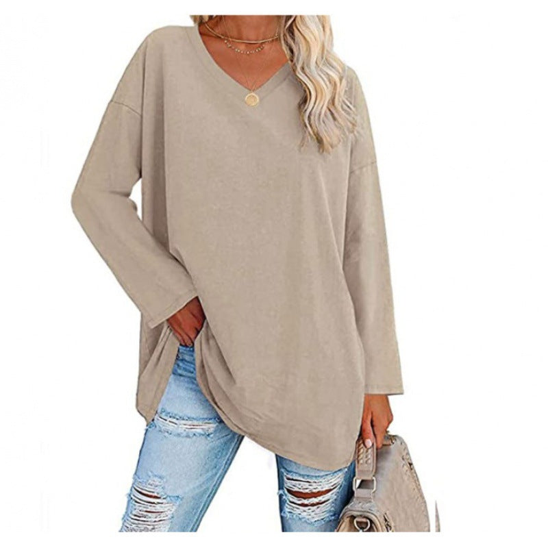 Damen Sweatshirt V-Ausschnitt Langärmlig Asymmetrisch Grau